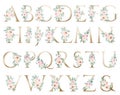 Light golden capital Letters with watercolor roses and leaves. Pastel floral alphabet