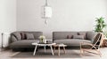 Light gray mock up wall, large gray modular sofa with table set and chair, living room, Scandinavian style