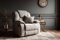 Ai photoLight gray power recliner chair with pillows and side table in corner of empty living room Royalty Free Stock Photo