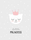 Lovely Little Princess Vector Illustration. Cute White Baby Bear Wearing Pink Crown With Heart.