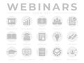 Light Gray Webinar Icon Set. Presentation, Development, Webinars, Networking, Teamwork, Guide, Literature, Learning, Certificate,