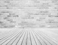 Light gray and white bricks on the wall and white wooden floor decoration. Texture and background concept. Royalty Free Stock Photo