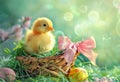 Easter cute little chick in an Easter basket with a pink bow Royalty Free Stock Photo