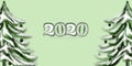 2020 light green background with fluffy numbers and christmas trees. New Year, Christmas, winter theme. Picture for the design of