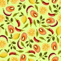 Light green background seamless pattern. Delicious print. Red fish, lemon, chili peppers, herbs