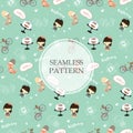 Light green blue seamless pattern with girl,fox,bicycle Royalty Free Stock Photo