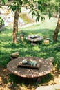 Light green ceramic tea set including jar, cups and plate on stone table under tree shadow at Ham Rong Mountain Park in Sa Pa Royalty Free Stock Photo