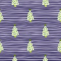 Light green christmas doodle tree toy seamless pattern. Purple and blue striped background. Holiday creative ornament Royalty Free Stock Photo