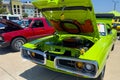 Light green Dodge super bee v 1970 coupe at car exhibition. Royalty Free Stock Photo