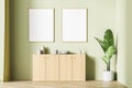 Light green living room interior with drawer and decoration, poster mock up