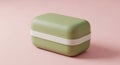 A closed rectangular light green lunch box with a white band around its middle on a soft pink background in a studio Royalty Free Stock Photo