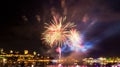 Light green and red fireworks in front of Quebec City Royalty Free Stock Photo