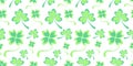 Light green seamless pattern with double shamrock leaves and clover hearts for St. Patrick\'s Day Royalty Free Stock Photo