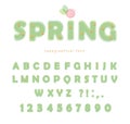 Light green spring font. Transparent ABC letters and numbers isolated on white Royalty Free Stock Photo