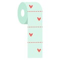 Light green toilet paper with red hearts. Vector over white background. Toilet paper roll flat icon. Isolated Royalty Free Stock Photo