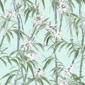 A light green and white bamboo pattern based in vintage prints. Generative AI