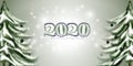 2020 light grey background with fluffy numbers and christmas trees. New Year, Christmas, winter theme. Picture for the design of