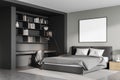 Light grey bedroom interior with bed and linens and bookshelf, mockup poster Royalty Free Stock Photo