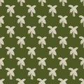 Light grey colored palm tree seamless doodle pattern in hand drawn style. Green olive background