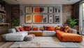 Light grey Interior Room Design: Comfortable orange Sofa with Pillows, framed pictures, Home plants with soft full wall window Royalty Free Stock Photo