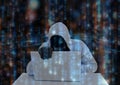 Light grey jumper hacker with out face doing something on the computer. Binary code sea