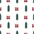 Light grey vector wrapped gifts and Christmas trees in rows seamless pattern background. Perfect for fabric