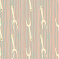 Light grill fork seamless pattern. Kitchen acute silhouettes on stripped background with blue and pink lines