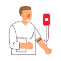 Blood donor and transfusion male character standing with donating bag. Vector illustration in flat cartoon style. Royalty Free Stock Photo