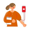 Blood donor and transfusion female character standing with donating bag. Vector illustration in flat cartoon style. Royalty Free Stock Photo