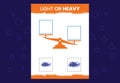 Light or heavy educational worksheet with scales. Heavier and lighter weight object learning