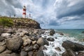 Light House Of Albion or Pointe aux Caves on Mauritius island landscape photo with foamy surf waves coast. Traveling around the