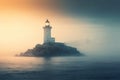 a light house sitting on top of a rock in the middle of a body of water with a foggy sky above it and a body of water below it Royalty Free Stock Photo