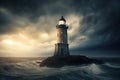 a light house sitting on top of a rock in the middle of a body of water under a cloudy sky with a sun shining through the clouds Royalty Free Stock Photo