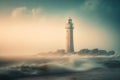 a light house sitting on top of a sandy beach next to the ocean with waves in front of it and a cloudy sky above it Royalty Free Stock Photo