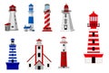 Set of lighthouse tower isolated or colorful searchlight for maritime navigation or light beam rescue distater tower. eps vector. Royalty Free Stock Photo