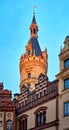 Light illuminated tower of Schwerin Castle. Mecklenburg-Western Pomerania, Germany