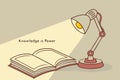 Light illuminates an open book with the phrase Knowledge is Power displayed, symbolizing the importance of learning and education Royalty Free Stock Photo
