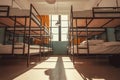 Light inside bedroom of a youth hostel with bunk beds for asleep tourists and students