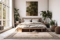 Light interior modern cozy bedroom with vintage carpet and indoor plants. Large window. Scandi boho style. Natural materials Royalty Free Stock Photo