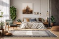 Light interior modern cozy bedroom with vintage carpet and indoor plants. Large window. Scandi boho style. Natural materials Royalty Free Stock Photo