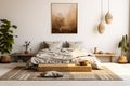 Light interior modern cozy bedroom with vintage carpet and indoor plants. Scandi boho style. Natural materials, linen, wood Royalty Free Stock Photo