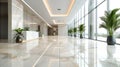 Light interior of modern office hall with clean white marble floor and green plants, inside luxury shiny lobby of commercial Royalty Free Stock Photo