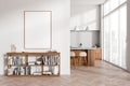 Light kitchen interior with art shelf and bar chairs near window. Mockup frame Royalty Free Stock Photo