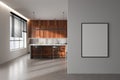 Light kitchen interior with bar countertop and panoramic window. Mockup frame Royalty Free Stock Photo