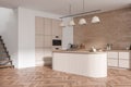 Light kitchen interior with cooking space and bar countertop with kitchenware