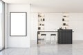 Light kitchen interior with furniture on tiled floor, mockup frame Royalty Free Stock Photo