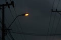 light lamp on pole with electric wires on dark night sky background