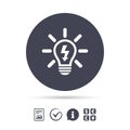 Light lamp sign icon. Bulb with lightning symbol. Royalty Free Stock Photo