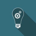 Light lamp sign icon isolated with long shadow. Bulb with gears and cogs working together symbol. Idea concept