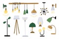 Light lamps, chandeliers set. Ceiling pendant home interior objects, modern decorative electric bulb, office equipment